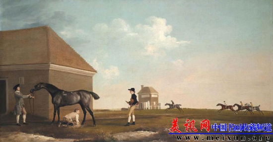 “Gimcrack和一个教练一个马夫一个骑师在Newmarket Heath”是乔治·史塔布斯1765年的作品