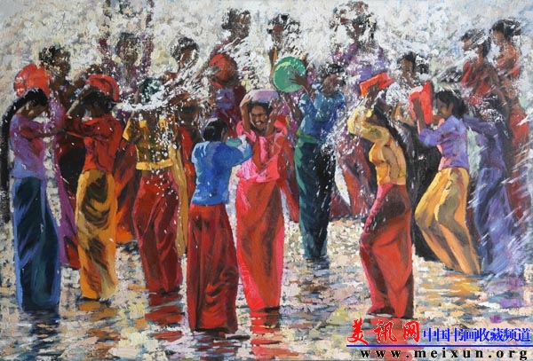 油画《泼水狂欢》。作者：李春华。尺寸：80X100CM。.jpg
