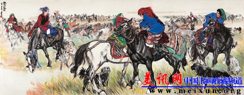 《欢腾的草原》  142×360cm 1981年 (此画于1983年胡耀邦总书记赠送给美国实业家、收藏家哈默博士).jpg